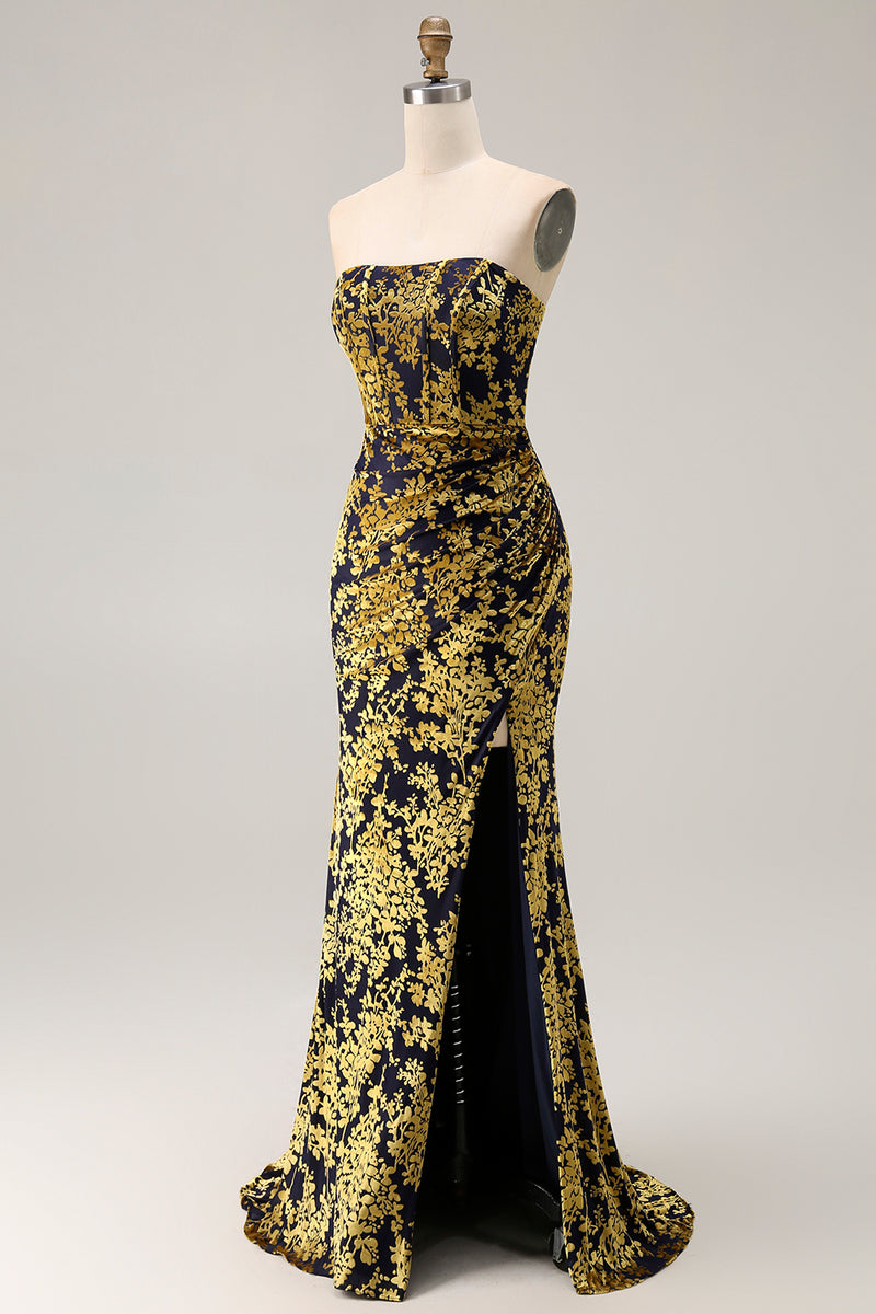 Laden Sie das Bild in den Galerie-Viewer, Trägerloses Pfauengrünes Korsett Burnout Samt Brautjungfernkleid mit Schlitz