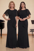 Laden Sie das Bild in den Galerie-Viewer, Sheath Marineblaues Chiffon Rundhals Gerafftes Langes Chorkleid mit Schärpe