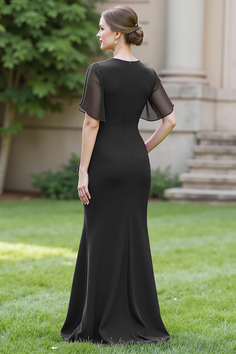Laden Sie das Bild in den Galerie-Viewer, Sheath Marineblaues Chiffon Rundhals Gerafftes Langes Chorkleid mit Schärpe