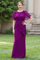 Laden Sie das Bild in den Galerie-Viewer, Sheath Marineblaues Chiffon Rundhals Gerafftes Langes Chorkleid mit Schärpe