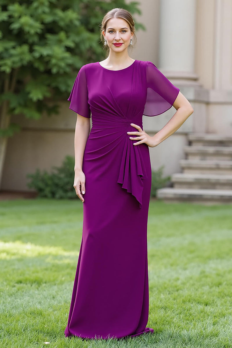 Laden Sie das Bild in den Galerie-Viewer, Sheath Marineblaues Chiffon Rundhals Gerafftes Langes Chorkleid mit Schärpe