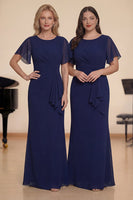 Laden Sie das Bild in den Galerie-Viewer, Sheath Marineblaues Chiffon Rundhals Gerafftes Langes Chorkleid mit Schärpe