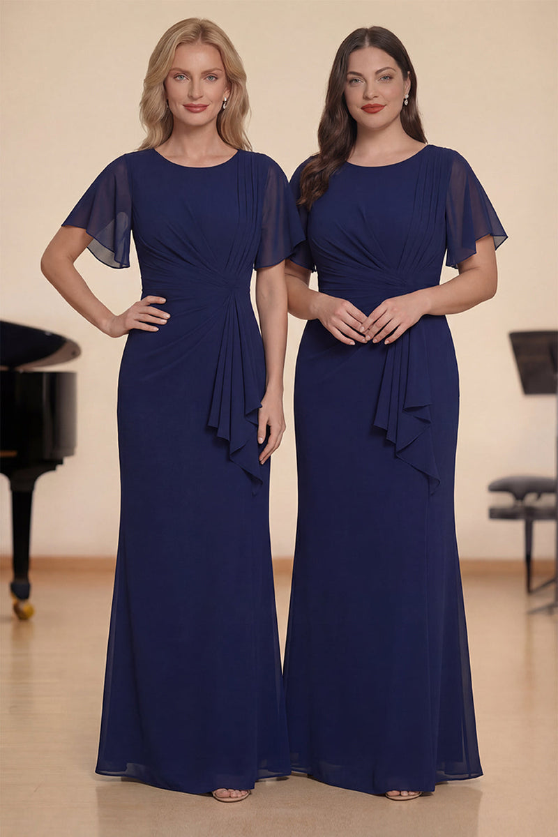 Laden Sie das Bild in den Galerie-Viewer, Sheath Marineblaues Chiffon Rundhals Gerafftes Langes Chorkleid mit Schärpe