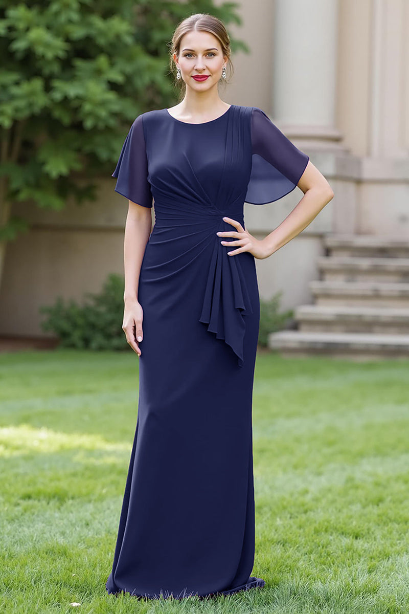 Laden Sie das Bild in den Galerie-Viewer, Sheath Marineblaues Chiffon Rundhals Gerafftes Langes Chorkleid mit Schärpe