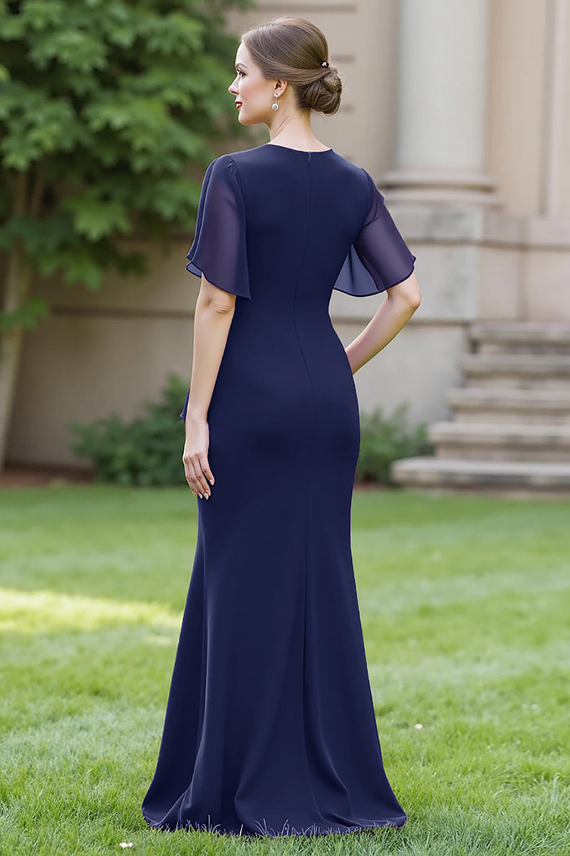 Laden Sie das Bild in den Galerie-Viewer, Sheath Marineblaues Chiffon Rundhals Gerafftes Langes Chorkleid mit Schärpe