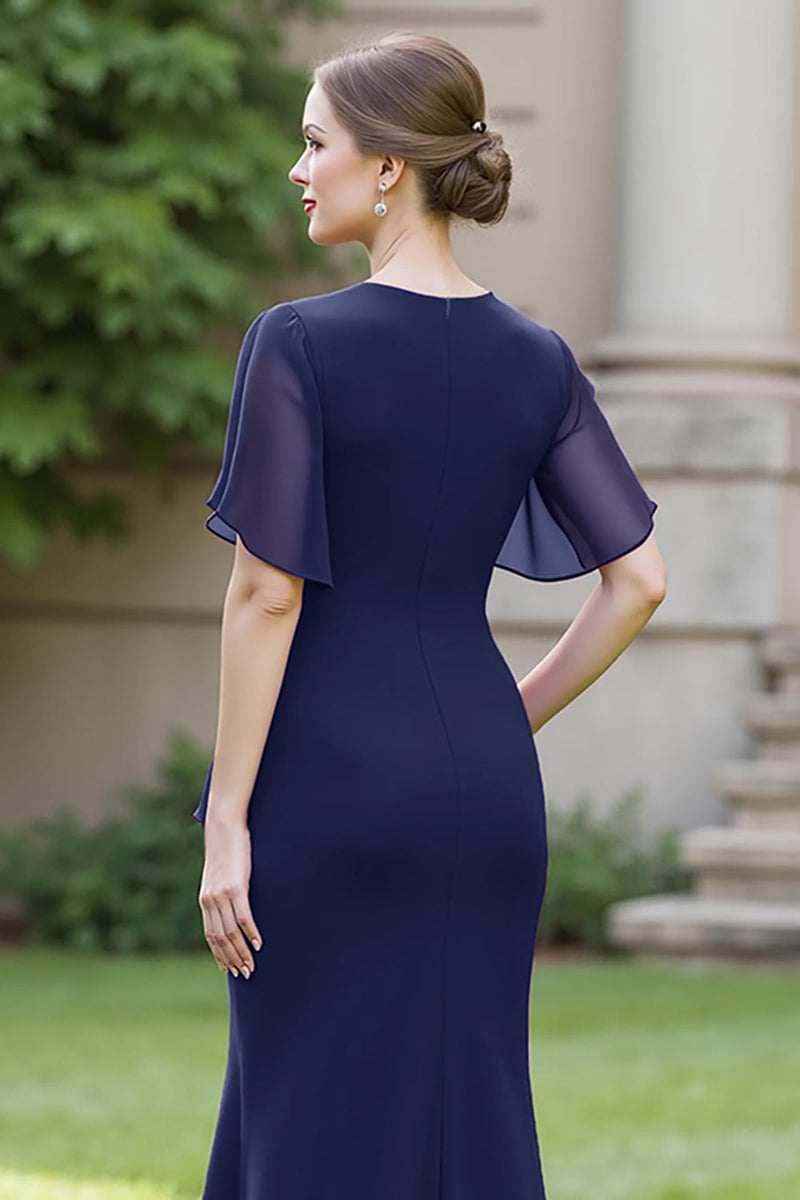 Laden Sie das Bild in den Galerie-Viewer, Sheath Marineblaues Chiffon Rundhals Gerafftes Langes Chorkleid mit Schärpe