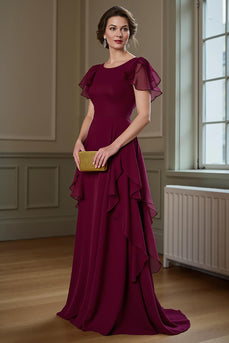 Burgunder A Linie Rüschen Langes Chiffon Chorkleid mit flatternden Ärmeln