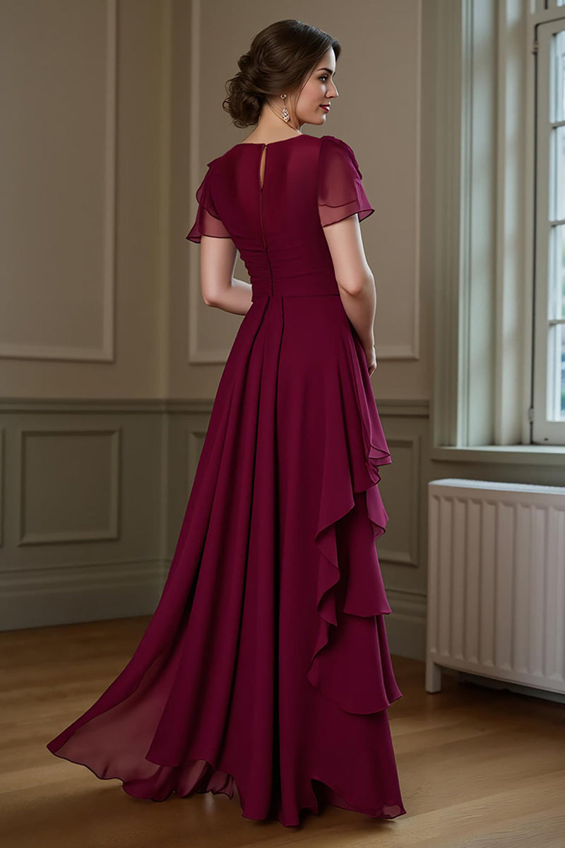 Laden Sie das Bild in den Galerie-Viewer, Burgunder A Linie Rüschen Langes Chiffon Chorkleid mit flatternden Ärmeln