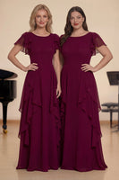 Laden Sie das Bild in den Galerie-Viewer, Burgunder A Linie Rüschen Langes Chiffon Chorkleid mit flatternden Ärmeln