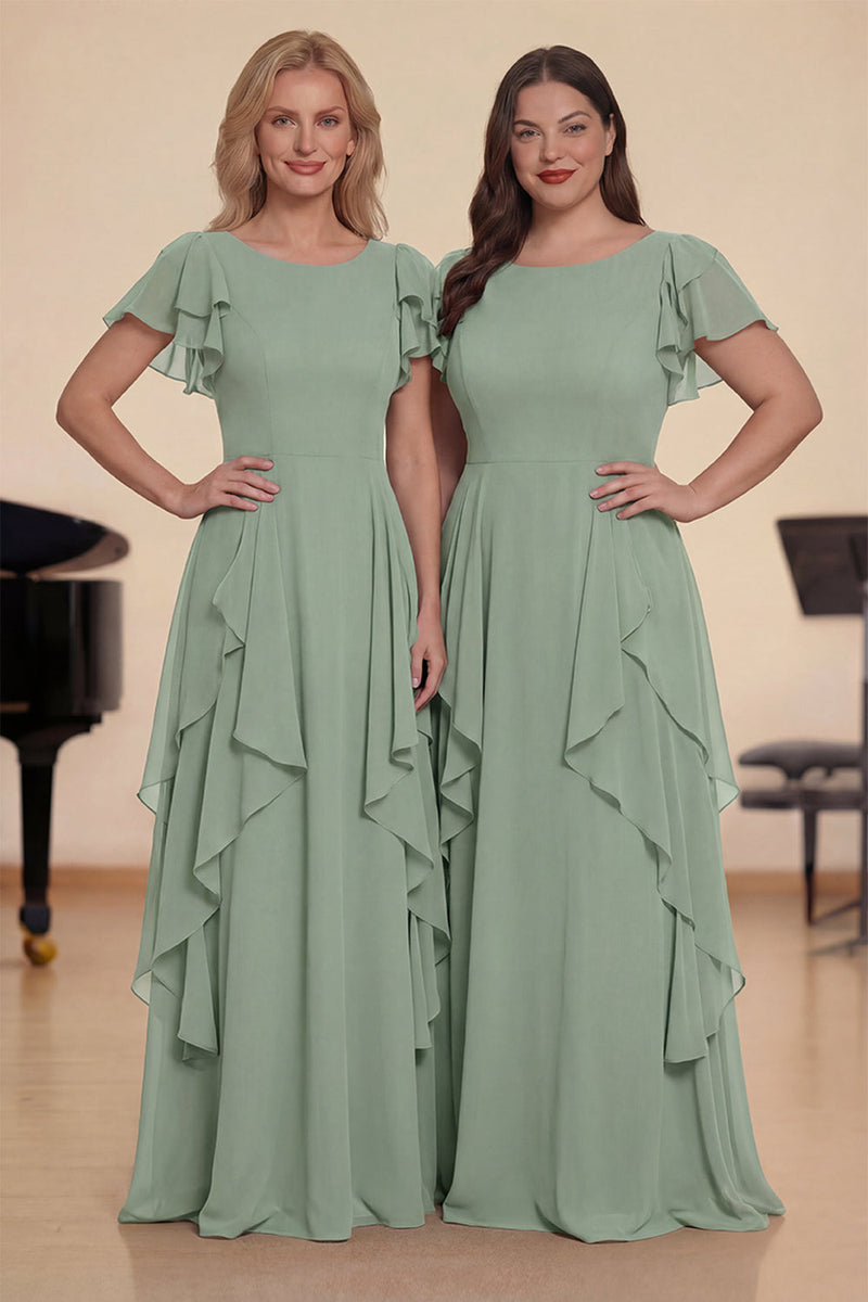 Laden Sie das Bild in den Galerie-Viewer, Burgunder A Linie Rüschen Langes Chiffon Chorkleid mit flatternden Ärmeln