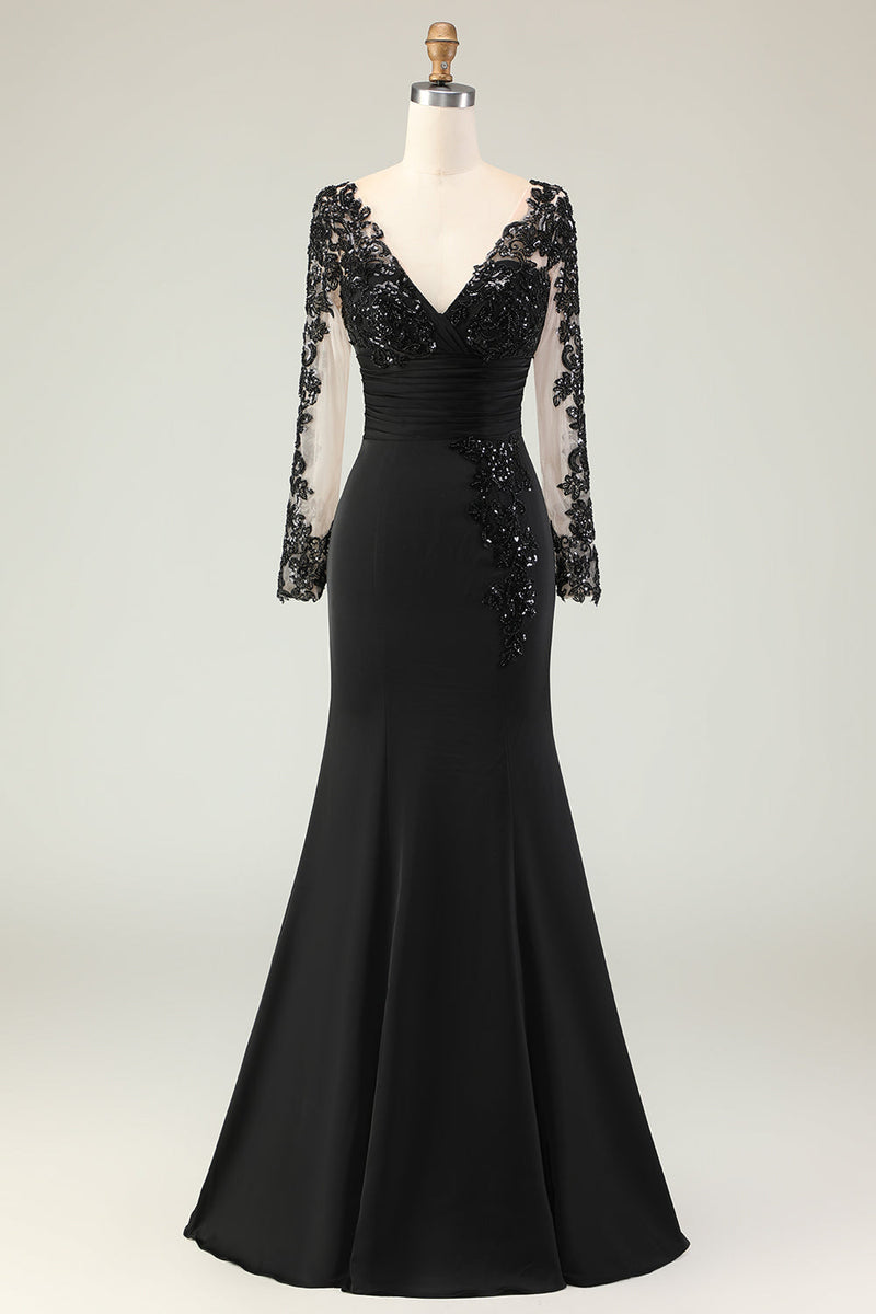 Laden Sie das Bild in den Galerie-Viewer, Schwarzes Langes Meerjungfrauen Brautmutterkleid mit V-Ausschnitt und Spitzenapplikationen