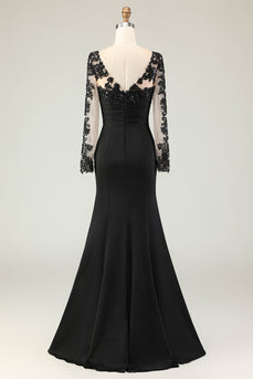 Schwarzes Langes Meerjungfrauen Brautmutterkleid mit V-Ausschnitt und Spitzenapplikationen