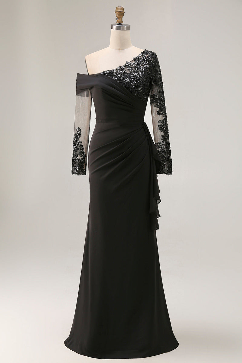 Laden Sie das Bild in den Galerie-Viewer, Schwarze Scheide Gerafft Plus-Size Mutter der Braut Kleid mit langen Ärmeln