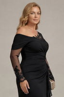 Laden Sie das Bild in den Galerie-Viewer, Schwarze Scheide Gerafft Plus-Size Mutter der Braut Kleid mit langen Ärmeln