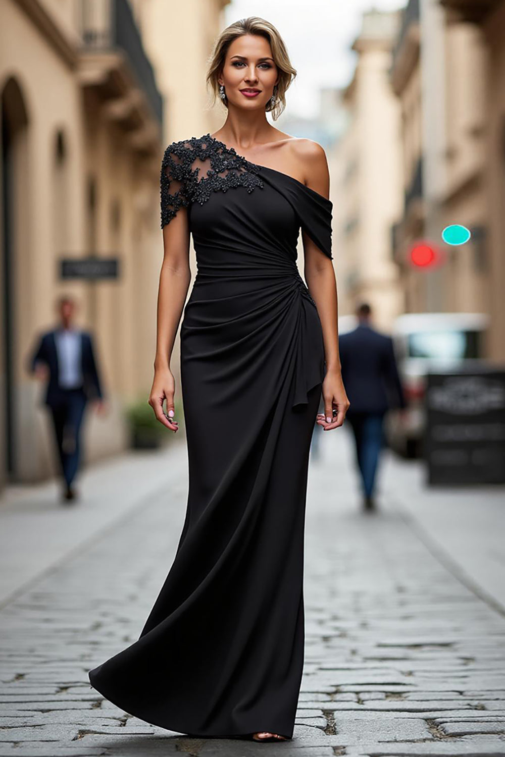 Schwarzes Meerjungfrau Asymmetrisches Kleid der Mutter der Braut mit Applikationen
