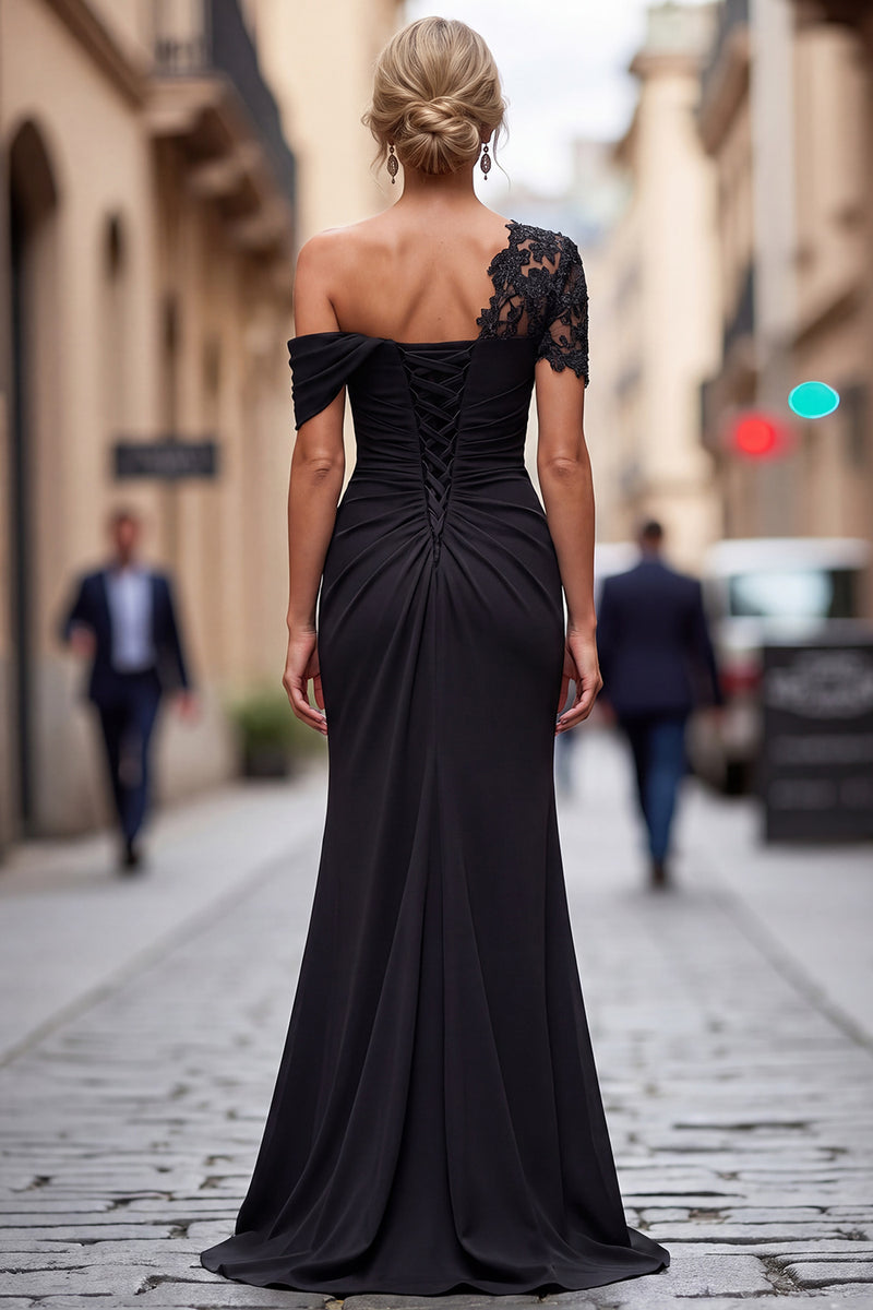 Laden Sie das Bild in den Galerie-Viewer, Schwarzes Meerjungfrau Asymmetrisches Kleid der Mutter der Braut mit Applikationen
