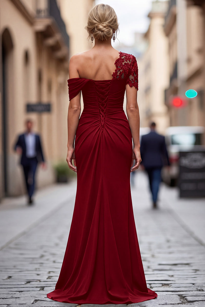 Laden Sie das Bild in den Galerie-Viewer, Schwarzes Meerjungfrau Asymmetrisches Kleid der Mutter der Braut mit Applikationen