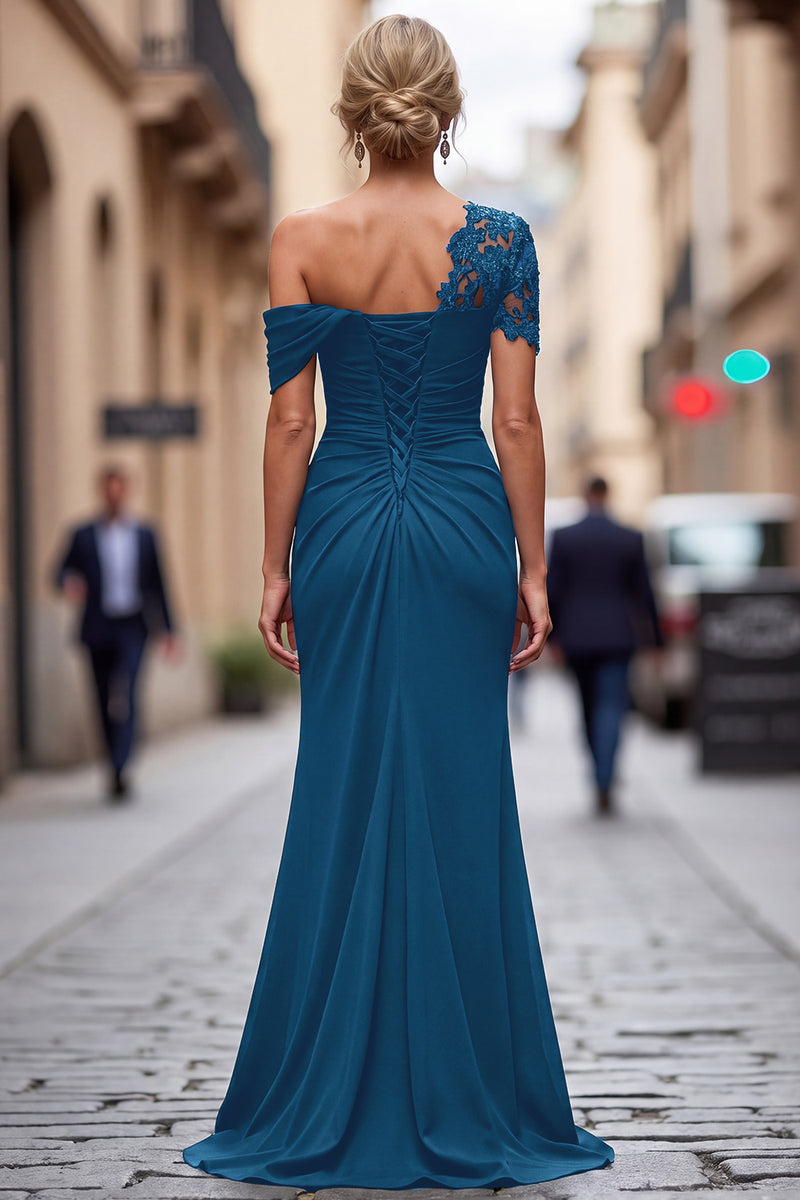 Laden Sie das Bild in den Galerie-Viewer, Schwarzes Meerjungfrau Asymmetrisches Kleid der Mutter der Braut mit Applikationen