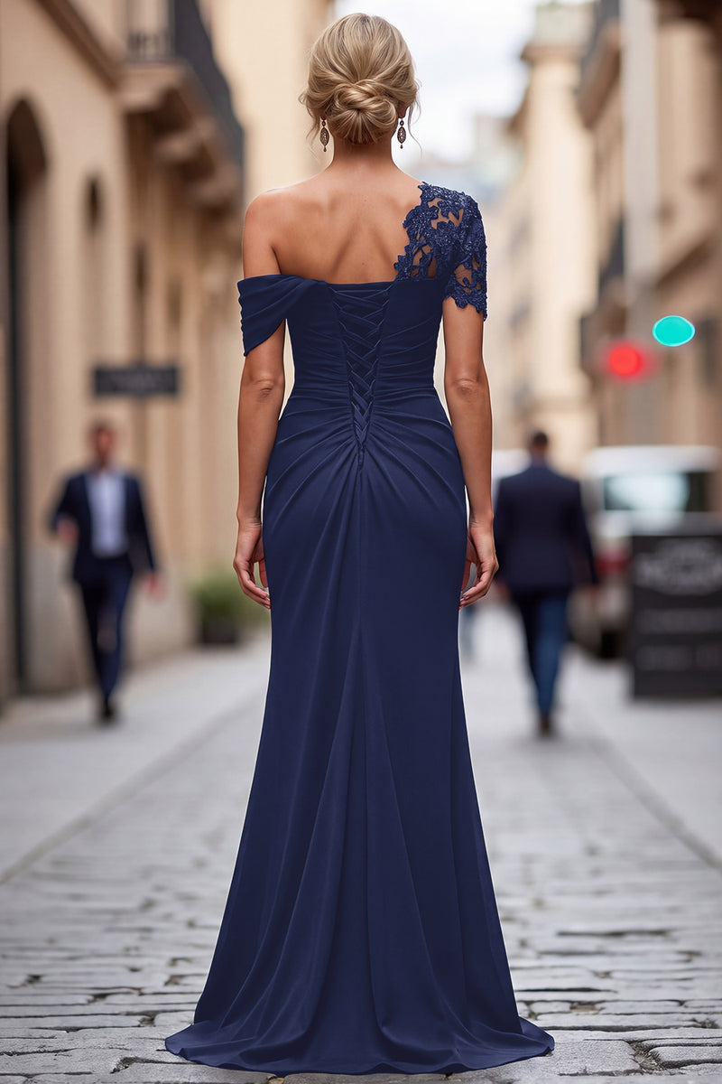 Laden Sie das Bild in den Galerie-Viewer, Schwarzes Meerjungfrau Asymmetrisches Kleid der Mutter der Braut mit Applikationen