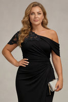 Laden Sie das Bild in den Galerie-Viewer, Schwarzes Meerjungfrau Falten Asymmetrisches Mutter der Braut Kleid in Übergröße