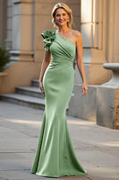 Laden Sie das Bild in den Galerie-Viewer, Eine Schulter Schwarzes Satin Meerjungfrauen Chorkleid mit 3D-Blumen