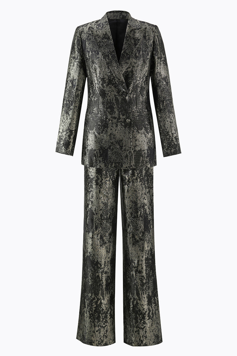 Laden Sie das Bild in den Galerie-Viewer, Schwarz-Gold 2-teiliger Doppelreihiger Damen Ballanzug mit Spitzrevers