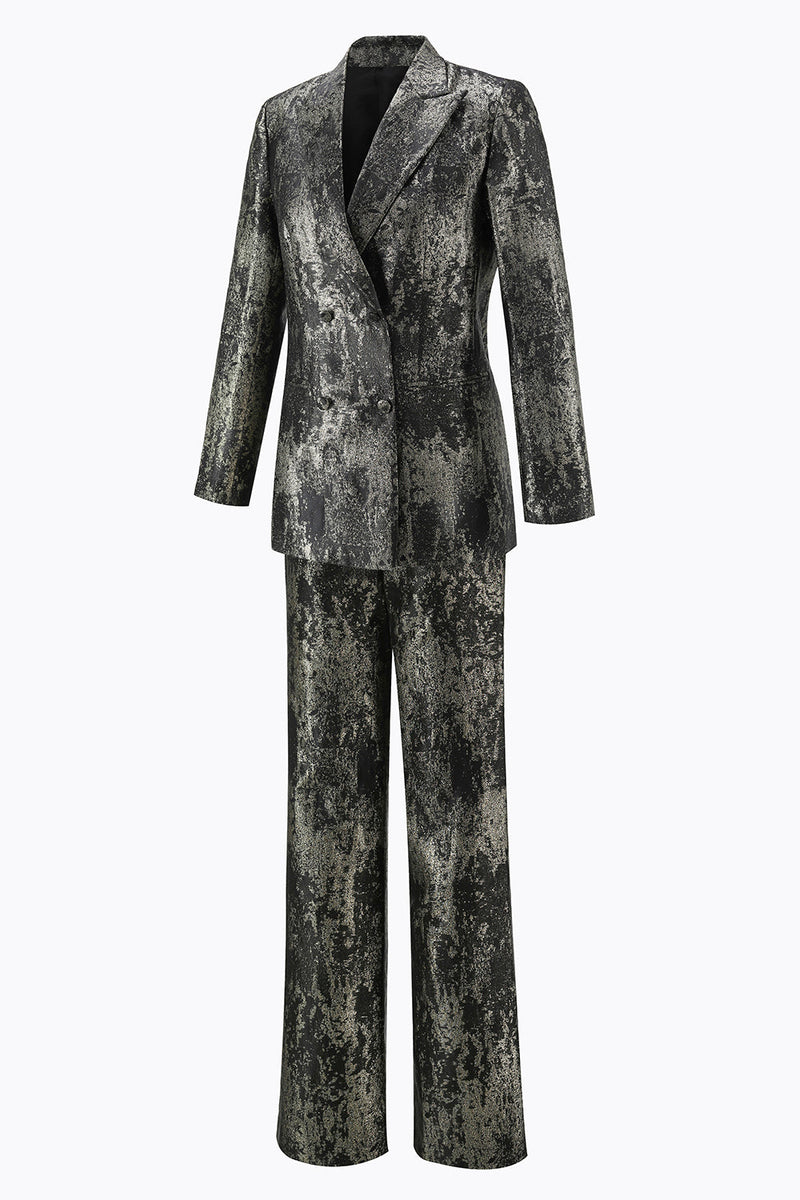 Laden Sie das Bild in den Galerie-Viewer, Schwarz-Gold 2-teiliger Doppelreihiger Damen Ballanzug mit Spitzrevers