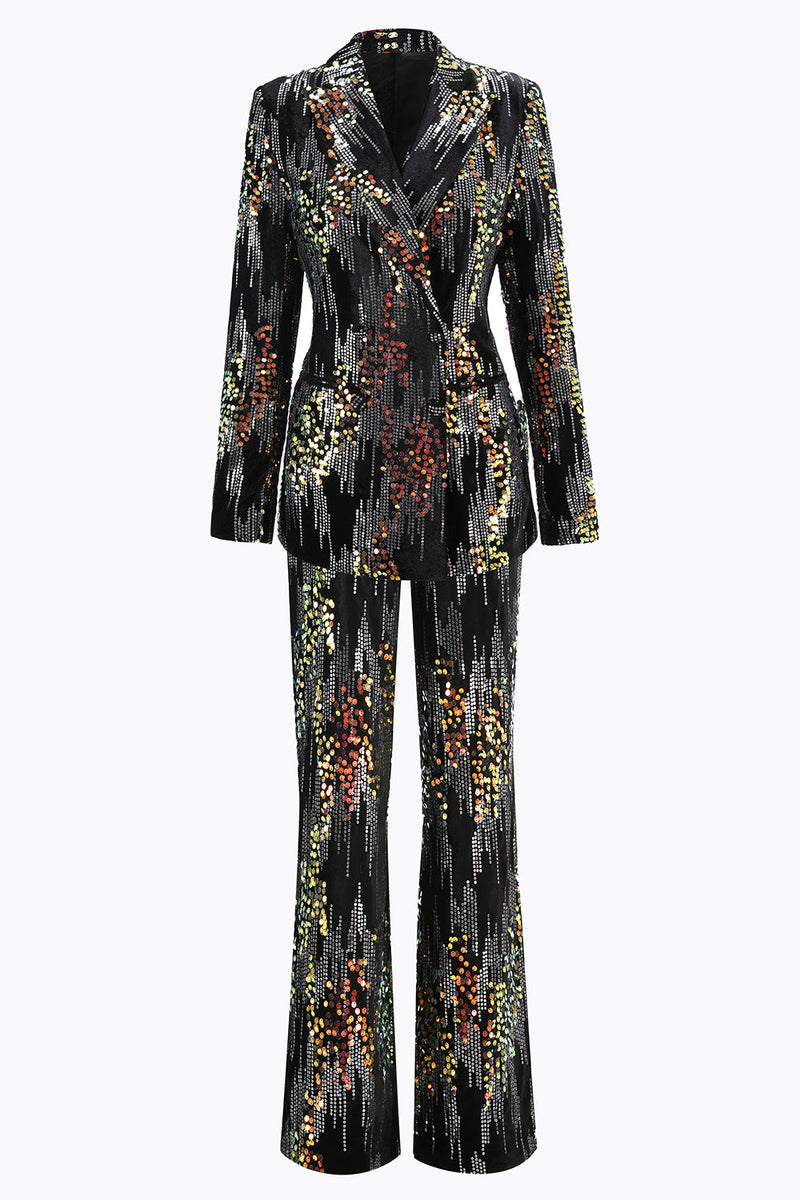 Laden Sie das Bild in den Galerie-Viewer, Glitzernder Schwarzer Peak Revers 2-teiliger Damen-Ballanzug