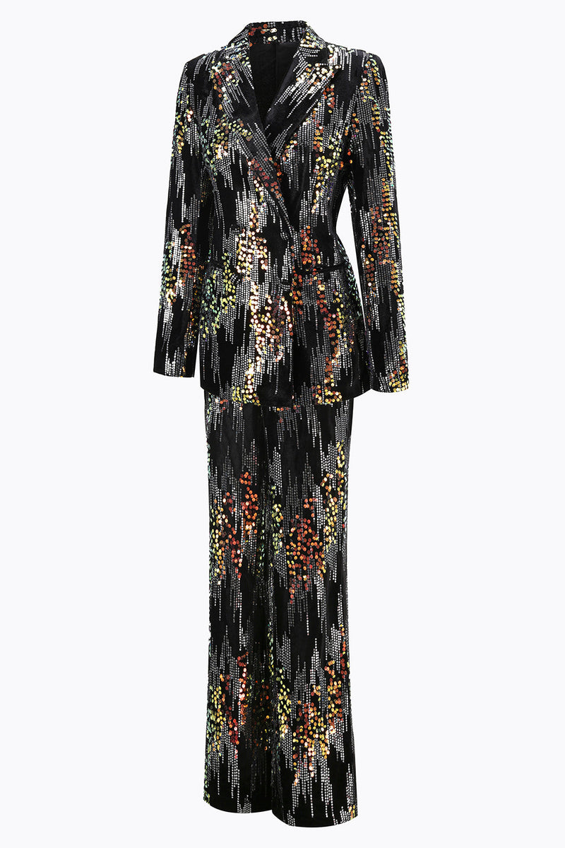 Laden Sie das Bild in den Galerie-Viewer, Glitzernder Schwarzer Peak Revers 2-teiliger Damen-Ballanzug