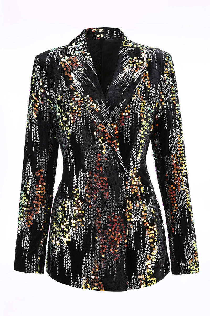 Laden Sie das Bild in den Galerie-Viewer, Glitzernder Schwarzer Peak Revers 2-teiliger Damen-Ballanzug