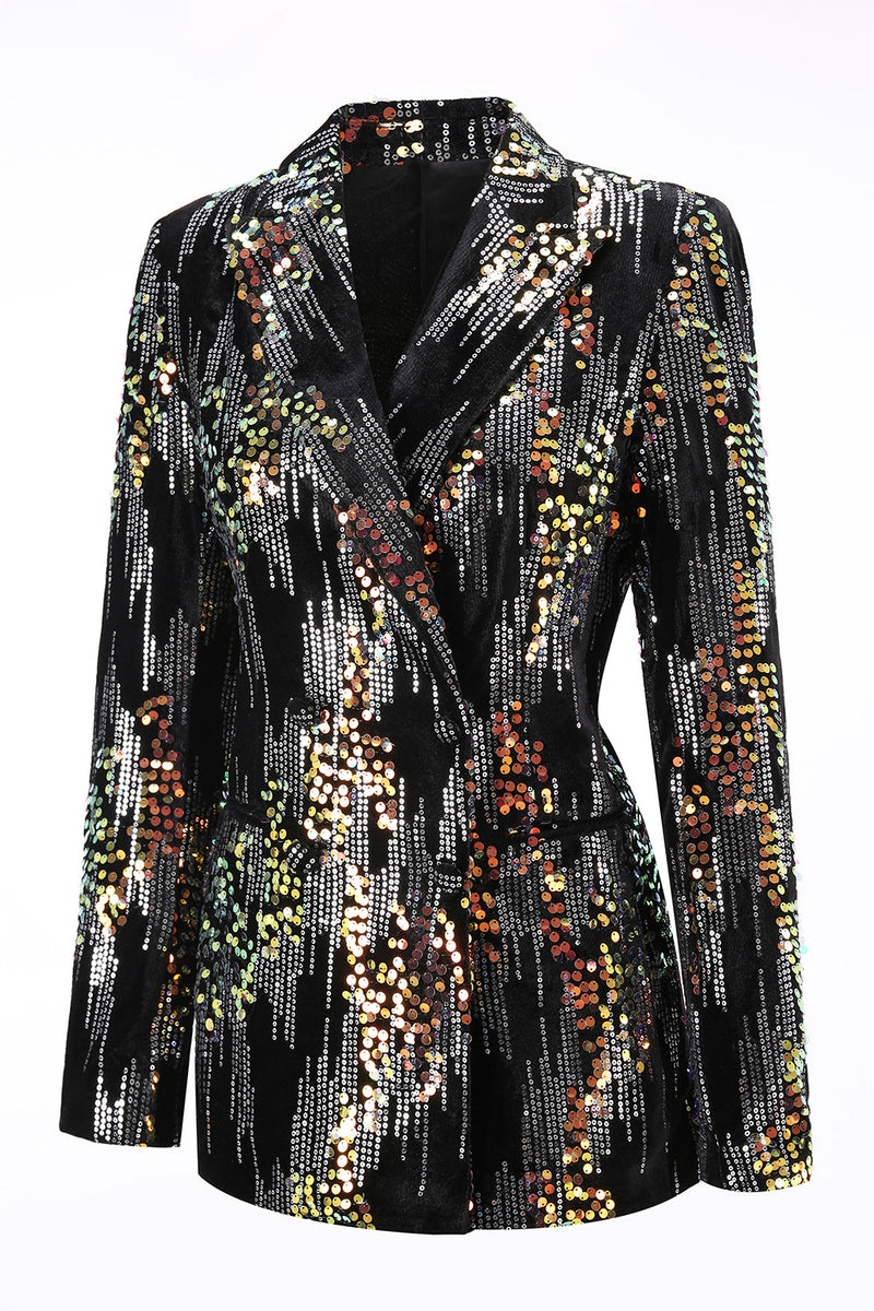 Laden Sie das Bild in den Galerie-Viewer, Glitzernder Schwarzer Peak Revers 2-teiliger Damen-Ballanzug