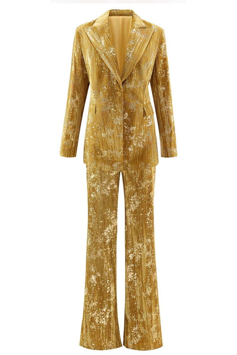 Laden Sie das Bild in den Galerie-Viewer, Glitzernde Gelbe Spitzrevers 2-teilige Damen Ballanzüge mit Ärmeln