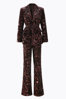 Laden Sie das Bild in den Galerie-Viewer, Kaffee 2 Stück Peak Revers Pailletten Damen Ballanzug mit Gürtel