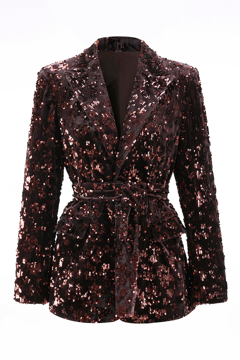 Laden Sie das Bild in den Galerie-Viewer, Kaffee 2 Stück Peak Revers Pailletten Damen Ballanzug mit Gürtel