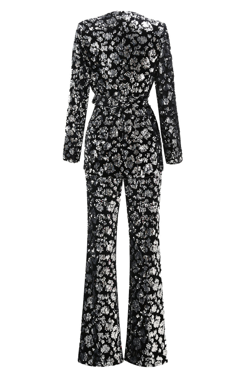 Laden Sie das Bild in den Galerie-Viewer, Glitzernder Schwarzer Slim Fit 2-teiliger Damen Ballanzug mit Schärpe