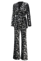 Laden Sie das Bild in den Galerie-Viewer, Glitzernder Schwarzer Slim Fit 2-teiliger Damen Ballanzug mit Schärpe