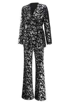 Glitzernder Schwarzer Slim Fit 2-teiliger Damen Ballanzug mit Schärpe