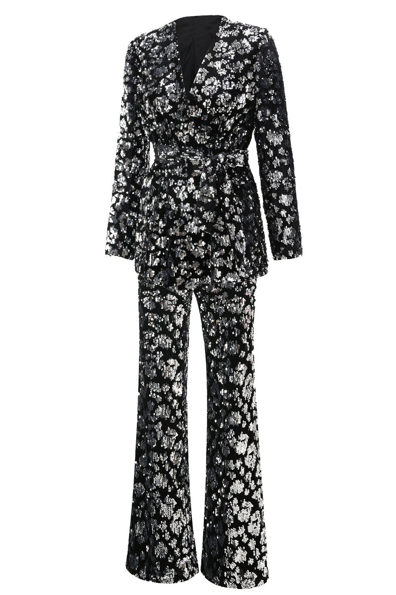 Laden Sie das Bild in den Galerie-Viewer, Glitzernder Schwarzer Slim Fit 2-teiliger Damen Ballanzug mit Schärpe