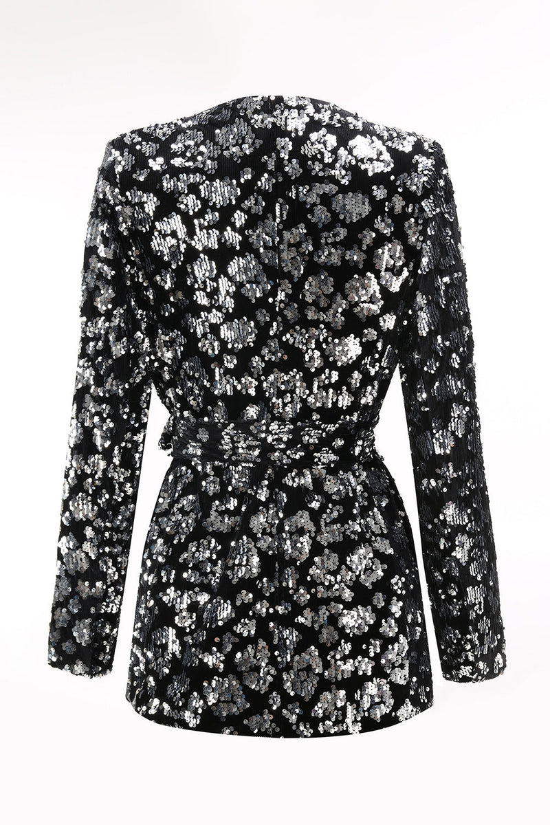 Laden Sie das Bild in den Galerie-Viewer, Glitzernder Schwarzer Slim Fit 2-teiliger Damen Ballanzug mit Schärpe