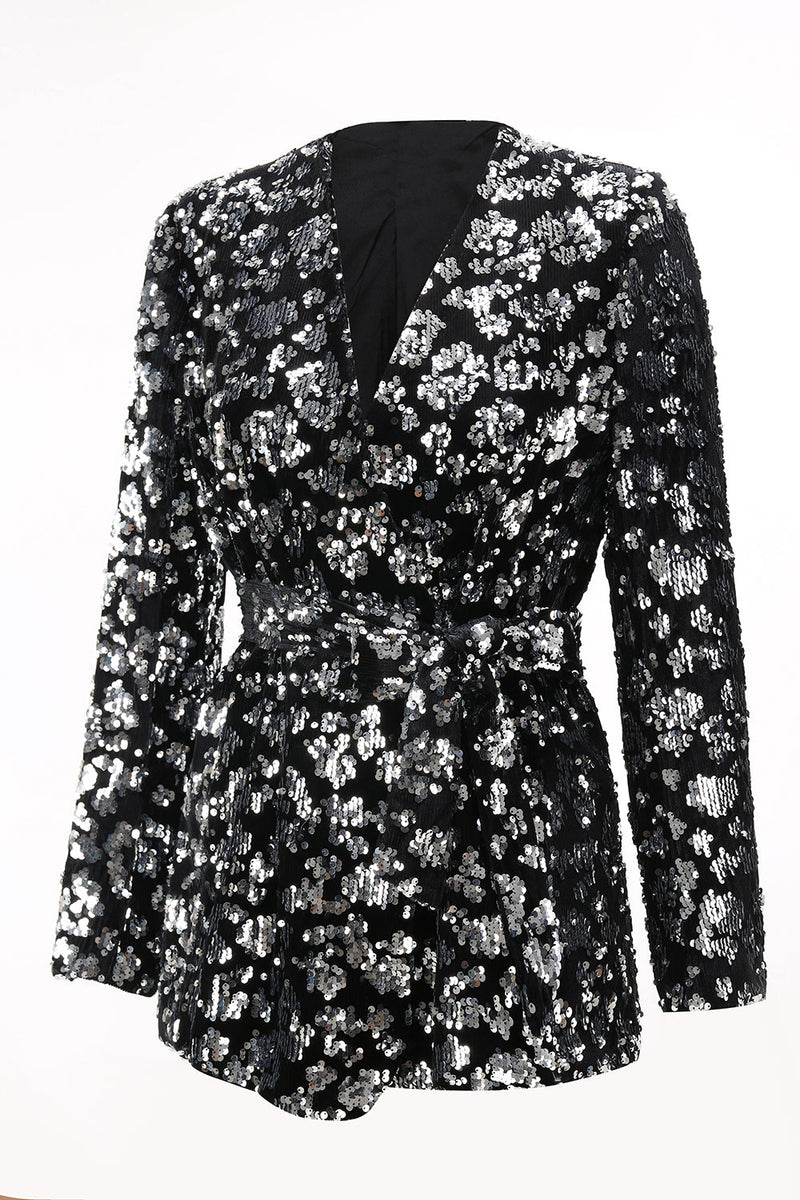 Laden Sie das Bild in den Galerie-Viewer, Glitzernder Schwarzer Slim Fit 2-teiliger Damen Ballanzug mit Schärpe