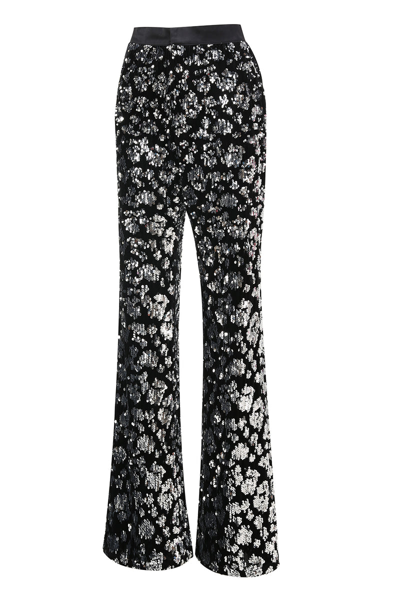 Laden Sie das Bild in den Galerie-Viewer, Glitzernder Schwarzer Slim Fit 2-teiliger Damen Ballanzug mit Schärpe