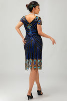 Laden Sie das Bild in den Galerie-Viewer, Pailletten Schwarz Blau 1920er Jahre Bodycon Gatsby Kleid mit kurzen Ärmeln