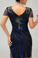 Laden Sie das Bild in den Galerie-Viewer, Pailletten Schwarz Blau 1920er Jahre Bodycon Gatsby Kleid mit kurzen Ärmeln