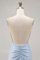 Laden Sie das Bild in den Galerie-Viewer, Blaues Perlenbesetztes Spaghettiträger Bodycon Kurzes Cocktailkleid