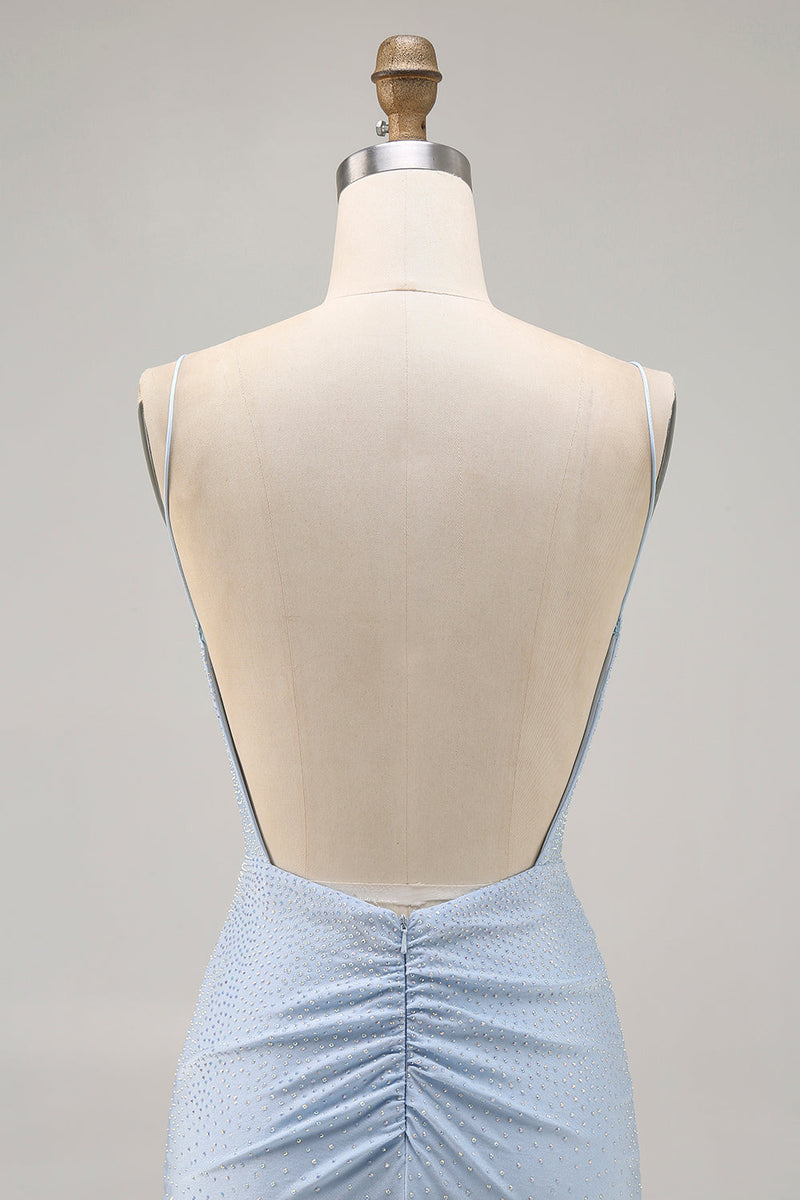 Laden Sie das Bild in den Galerie-Viewer, Blaues Perlenbesetztes Spaghettiträger Bodycon Kurzes Cocktailkleid