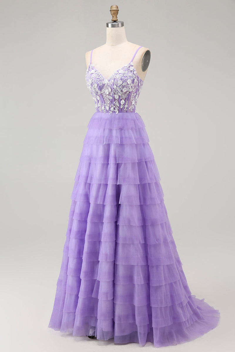 Laden Sie das Bild in den Galerie-Viewer, Lila Korsett A-Linie Gestuftes Langes Ballkleid