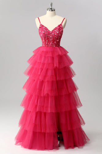 Glitzerndes Fuchsia Gestuftes Langes Ballkleid in A-Linie mit Applikationen