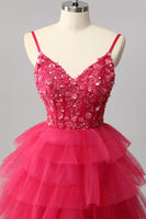 Laden Sie das Bild in den Galerie-Viewer, Glitzerndes Fuchsia Gestuftes Langes Ballkleid in A-Linie mit Applikationen