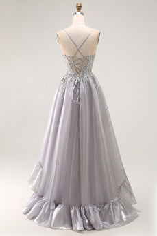 Graues A-Linie Perlen Korsett Langes Rüschen Ballkleid mit Schlitz