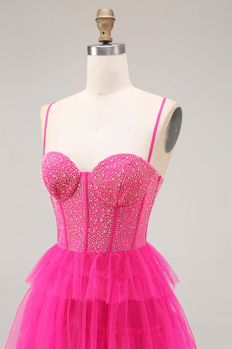 Laden Sie das Bild in den Galerie-Viewer, Fuchsia Korsett A-Linie Spaghettiträger Perlenbesetztes Gestuftes Ballkleid mit Schlitz